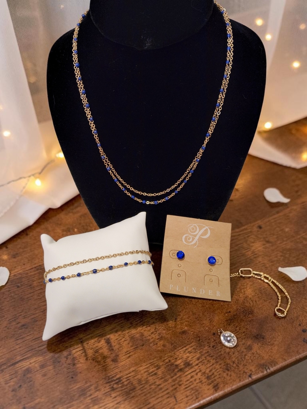 Plunder Gold Layered Necklace, Bracelet & Blue Studs Set